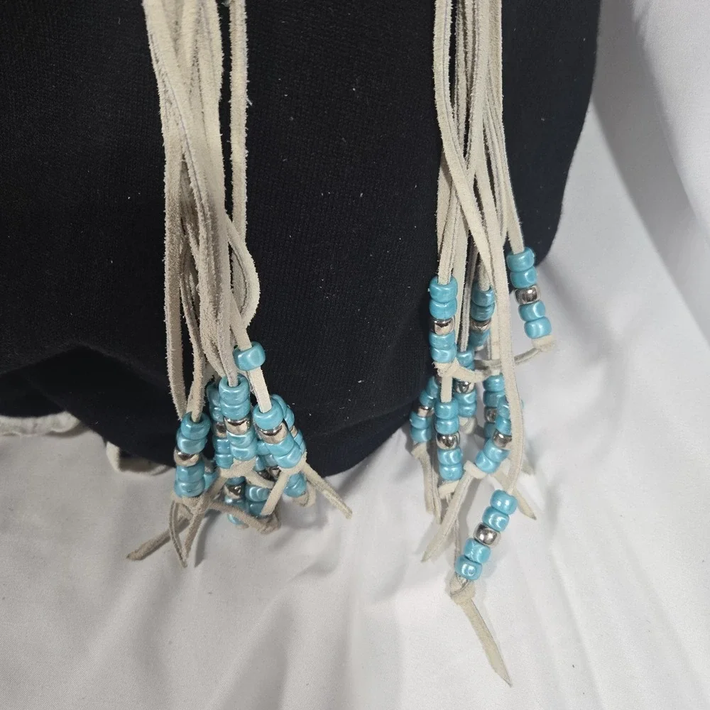 Southwestern Suede Tie Belt Turquoise Color Bead Silver Tone Concho Fringe Boho
